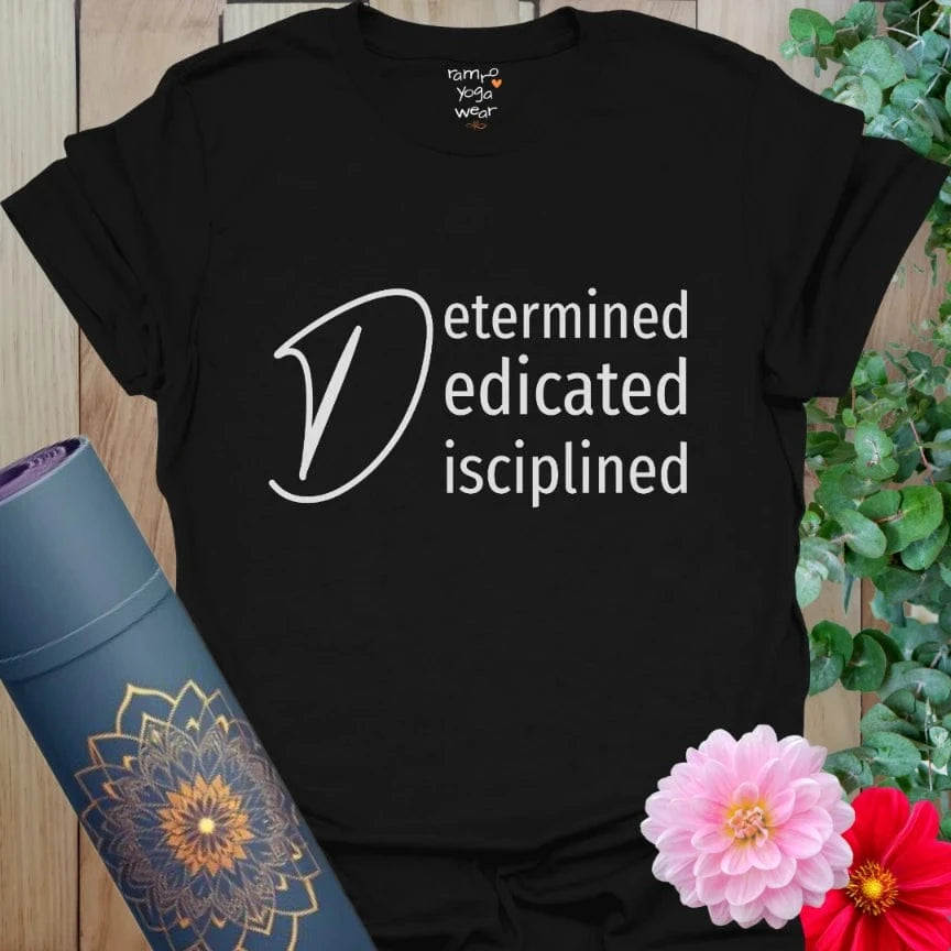 Black Determined T-Shirt with minimalist white mantra for strong, grounded energy. Ideal for motivated minds and mindful movers.