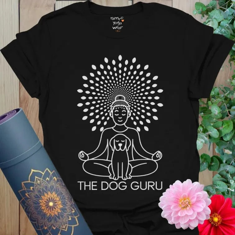 Black Dog Guru T-Shirt with Buddha-inspired design and centered dog illustration. Yoga tee for spiritual balance and dog lovers.