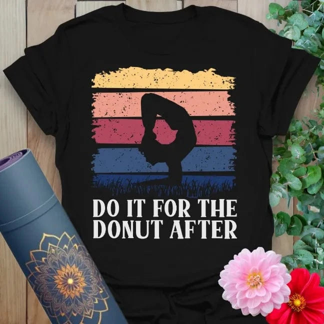 Black yoga t-shirt with retro "Do it for the donut after" quote and silhouette design