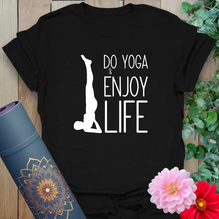 Classic black cotton yoga t-shirt with motivational yoga lifestyle message and headstand figure.