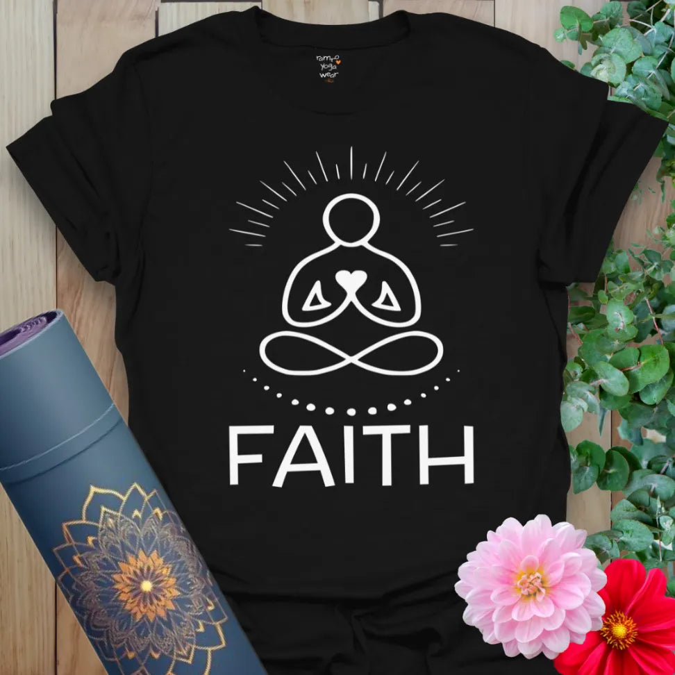 Classic black cotton yoga t-shirt with minimalist meditation figure and "Faith" mantra symbolizing spiritual grounding.