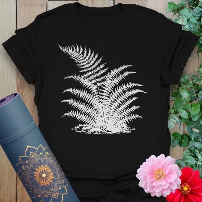 Classic black cotton yoga t-shirt showcasing elegant fern design symbolizing renewal, peace, and strength.