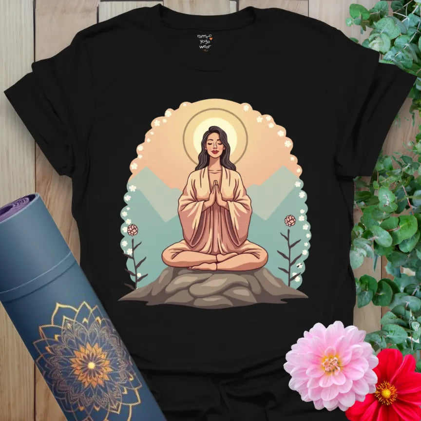 Classic black cotton yoga t-shirt showcasing meditating figure, halo, and mountains for soulful alignment and inner strength.