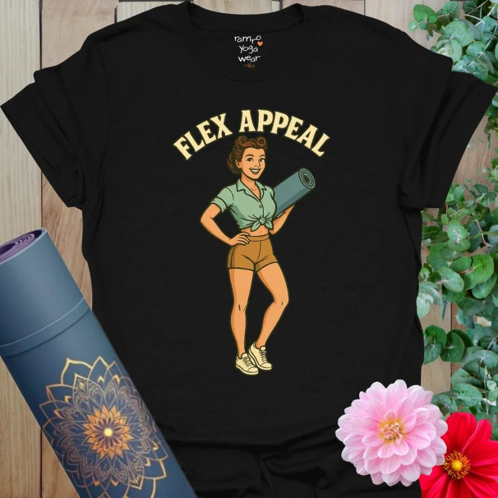 Black Flex Appeal T-Shirt — Bold black yoga tee with vintage-style pin-up yogi graphic and fun “Flex Appeal” text. Effortlessly cool and empowering for modern movers.