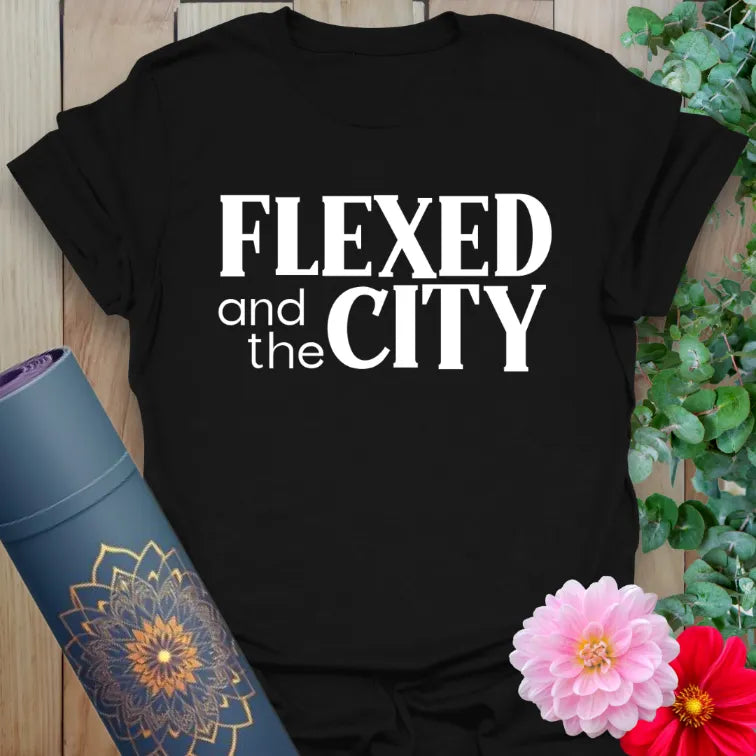 Classic black cotton yoga t-shirt with striking "Flexed and the City" lettering perfect for yogis and fitness fashionistas.
