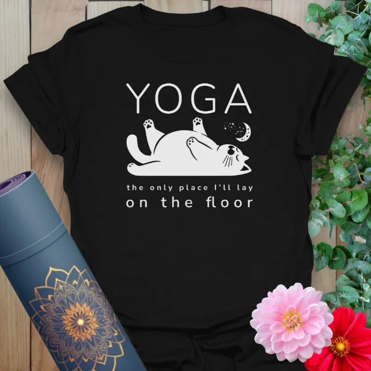 Classic black cotton yoga t-shirt with funny yoga cat artwork and playful mindful quote for casual, soulful wear.