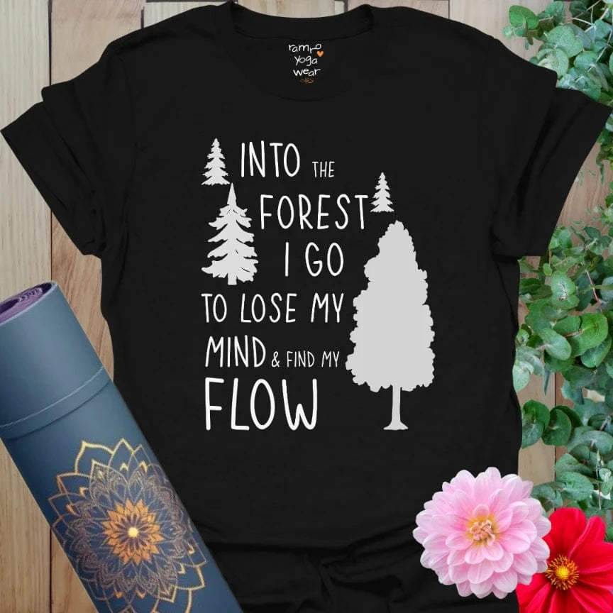 Black Forest T-Shirt with white and gray tree graphics. Statement yoga tee for mindful movers who love the woods.