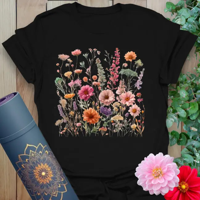 Classic black cotton yoga t-shirt showcasing colorful wildflower and gerbera field for soulful, vibrant living.
