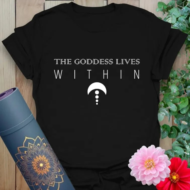 Classic black cotton yoga t-shirt with "The Goddess Lives Within" mantra and simple sacred artwork for soulful, mindful expression.