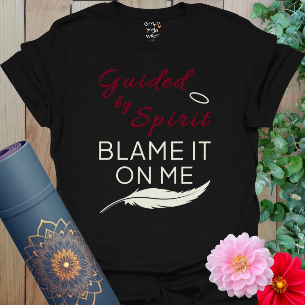 Black Guided By Spirit T-Shirt featuring guided by Spirit mantra with feather detail. Soft cotton yoga tee.