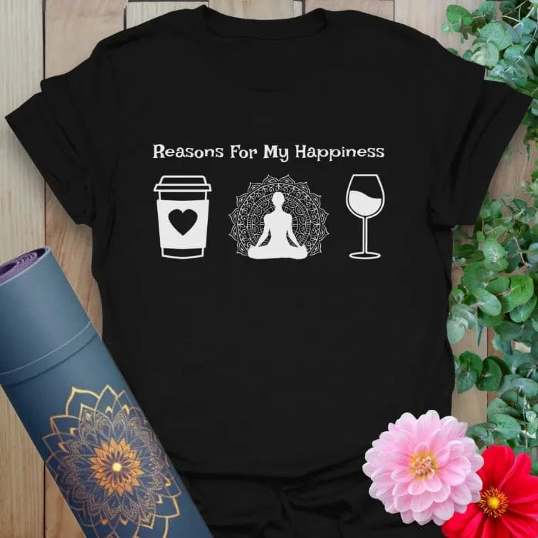 Classic black cotton yoga t-shirt showcasing coffee, yoga, and wine artwork perfect for balanced, soulful journeys.