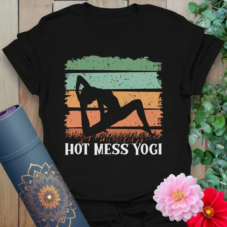 Classic black cotton yoga t-shirt showcasing retro yoga silhouette and humorous "Hot Mess Yogi" mantra for soulful, fearless living.