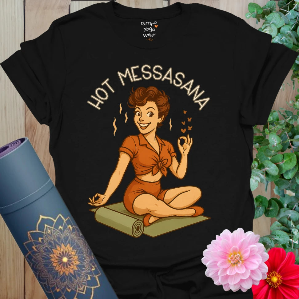 Classic black unisex yoga t-shirt with a vintage pinup yogi graphic and humorous “Hot Messasana” vibe.
