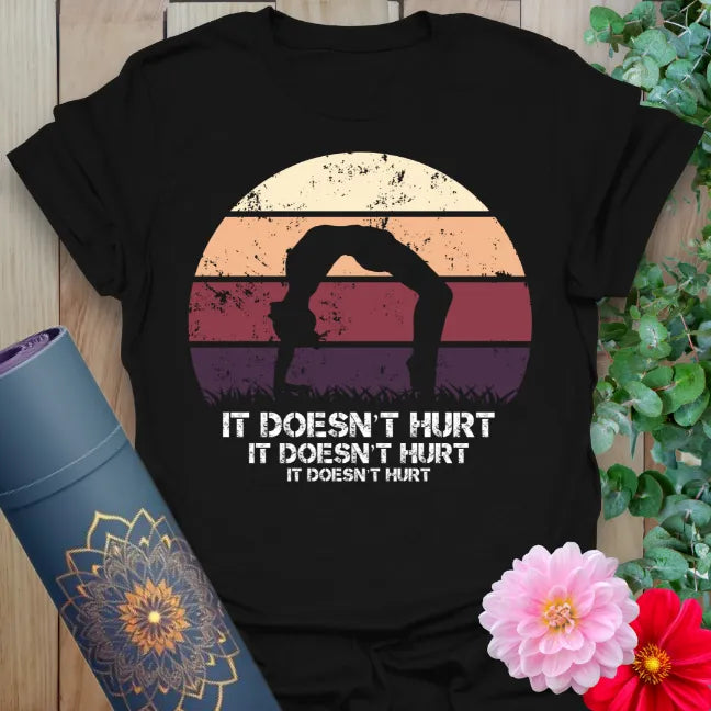 Classic black cotton yoga t-shirt showcasing witty yoga humor design and retro yogi sunset for conscious, fun living.