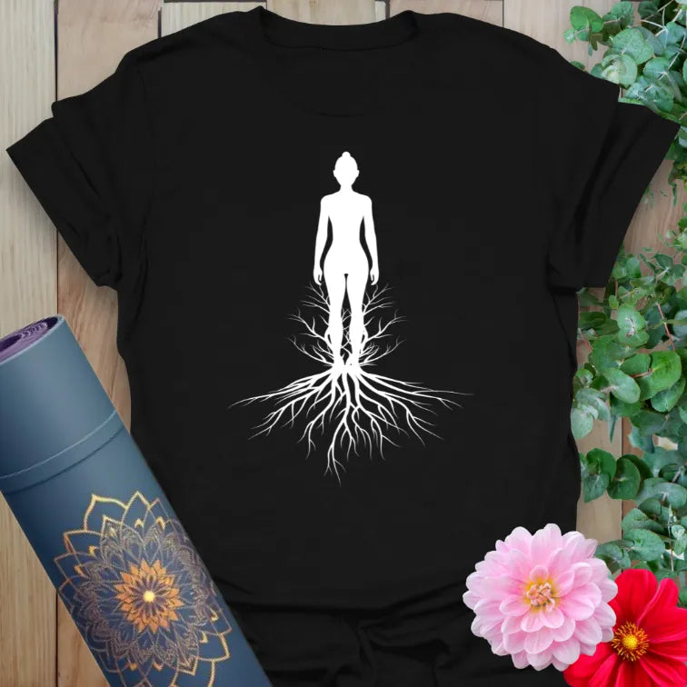 Classic black cotton yoga t-shirt showcasing powerful rooted figure design symbolizing grounding, inner peace, and soulful presence.