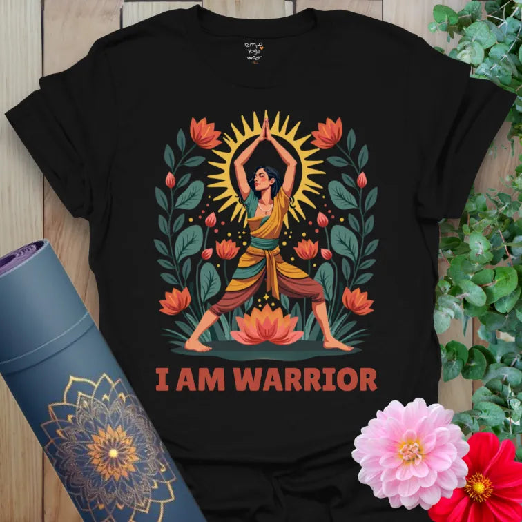 Classic black cotton yoga t-shirt featuring bold Warrior Pose figure with radiant sun and lotus garden for mindful strength and soulfulness.