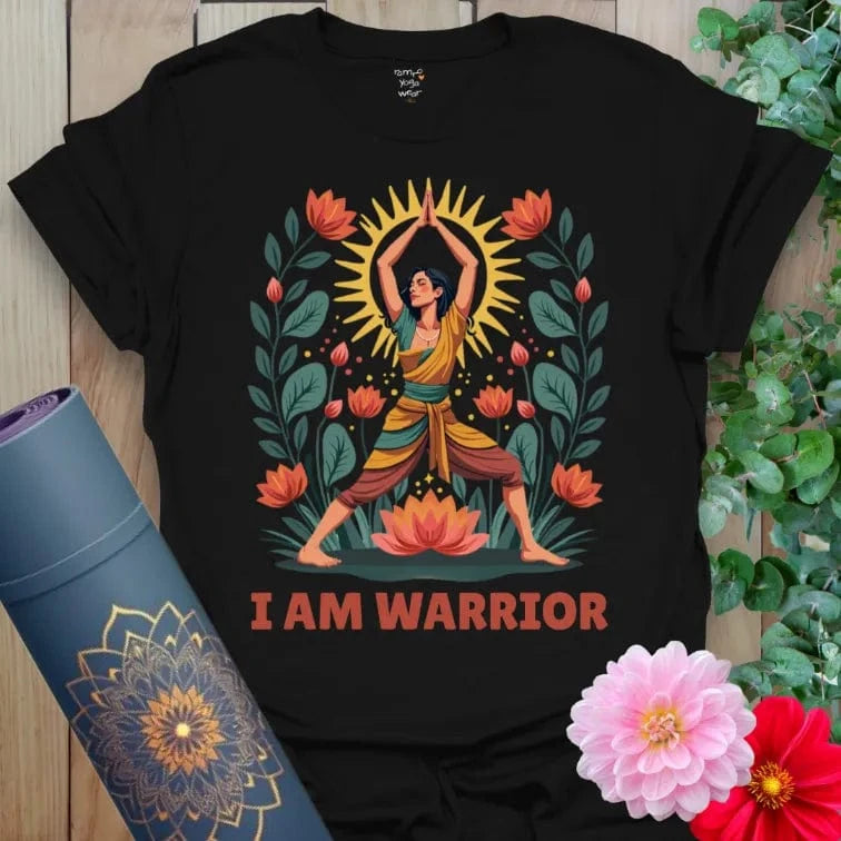 Classic black cotton yoga t-shirt featuring bold Warrior Pose figure with radiant sun and lotus garden for mindful strength and soulfulness.