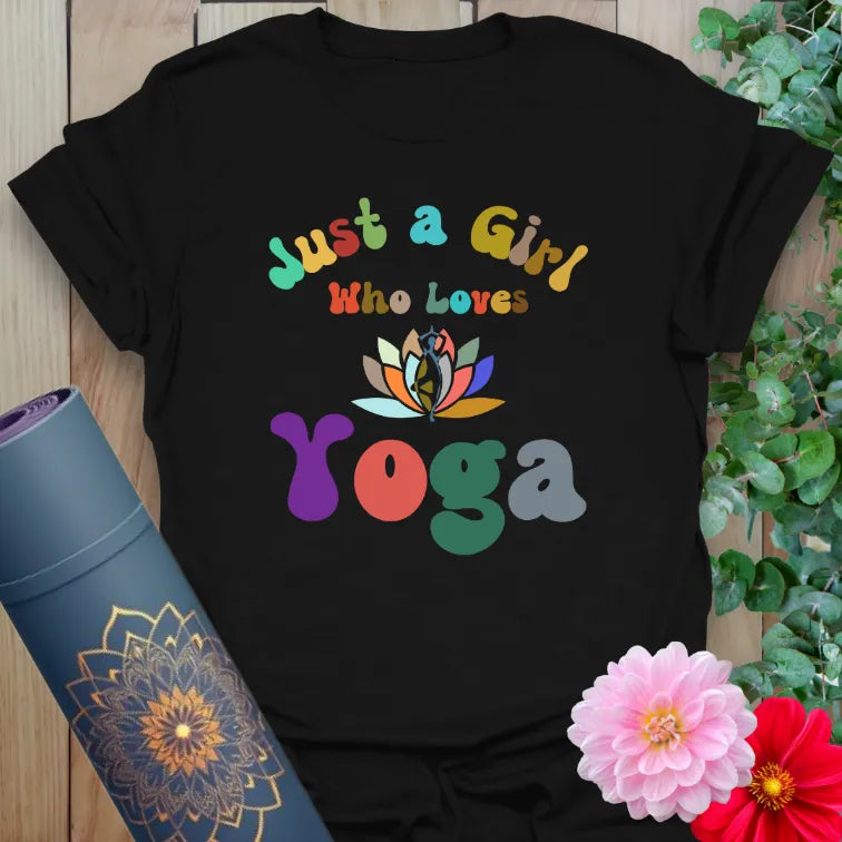 Classic black cotton yoga t-shirt showcasing bold multicolor yoga design for soulful, conscious lifestyle wear.