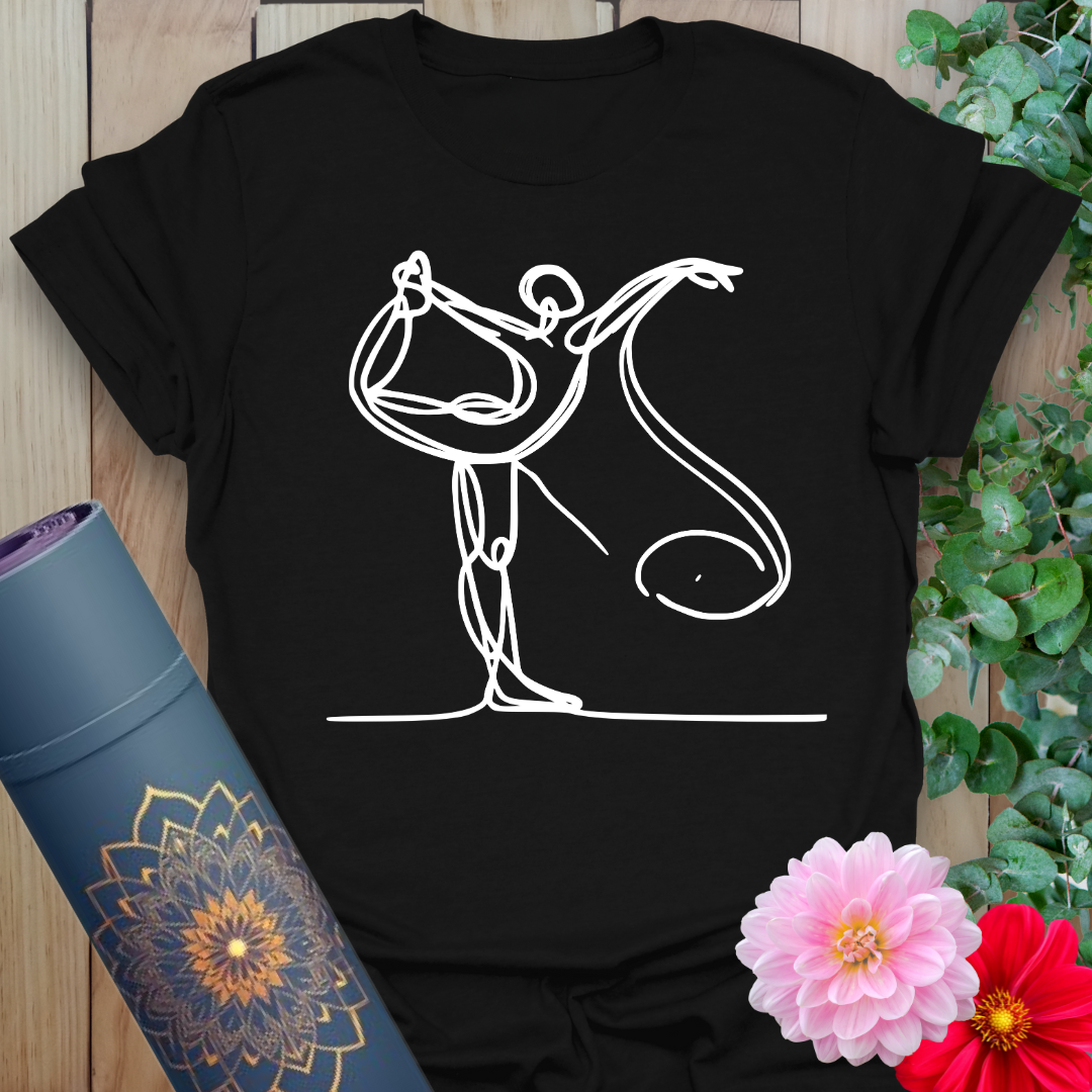 Classic black cotton yoga t-shirt showcasing graceful King Dancer figure in minimalist line art for soulful movement and mindful style.