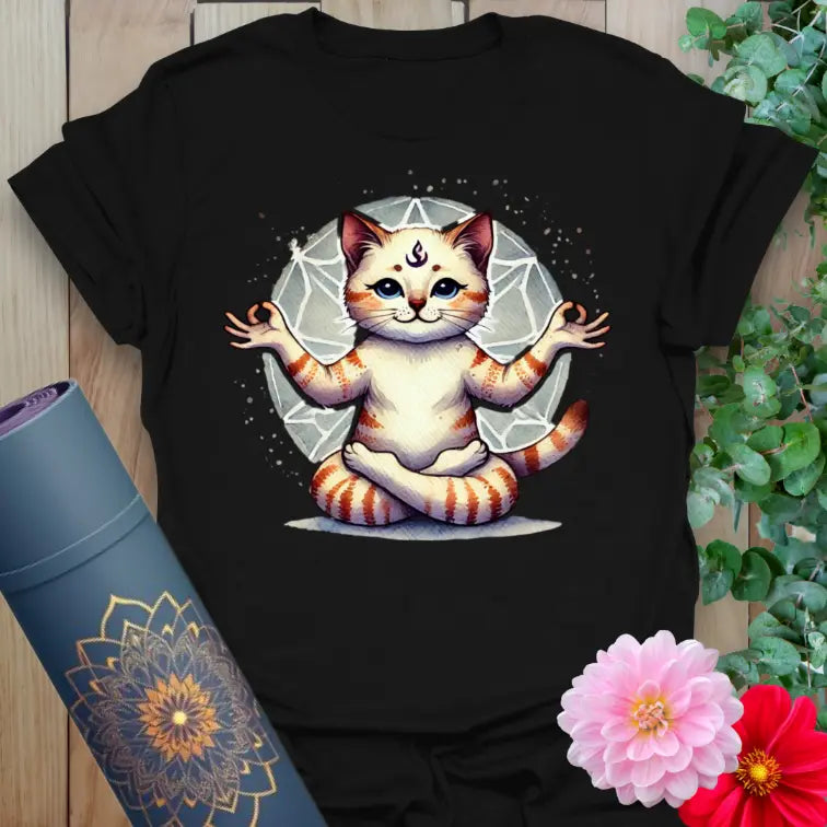 Classic black cotton yoga t-shirt featuring soulful meditating cat and geometric backdrop symbolizing mindful balance and playful energy.
