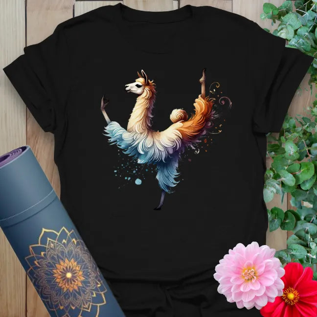 Classic black cotton yoga t-shirt featuring colorful yoga llama design for joyful yogis and mindful humor lovers.
