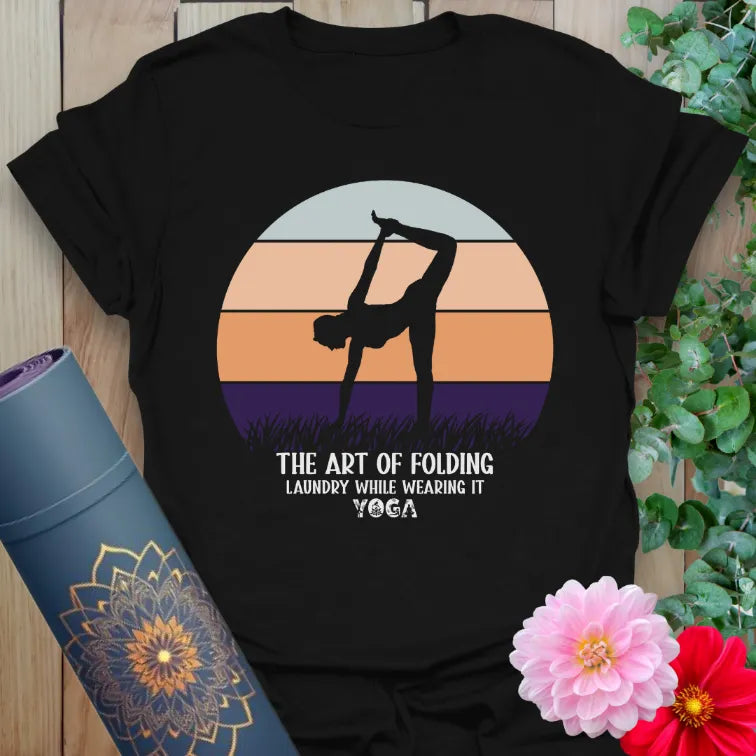 Classic black cotton yoga t-shirt featuring retro sunset and humorous yoga art for joyful, conscious living.