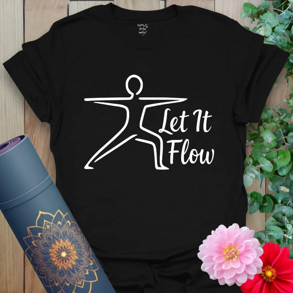 Classic black cotton yoga t-shirt featuring elegant warrior pose graphic and soulful flow mantra for mindful yogis.