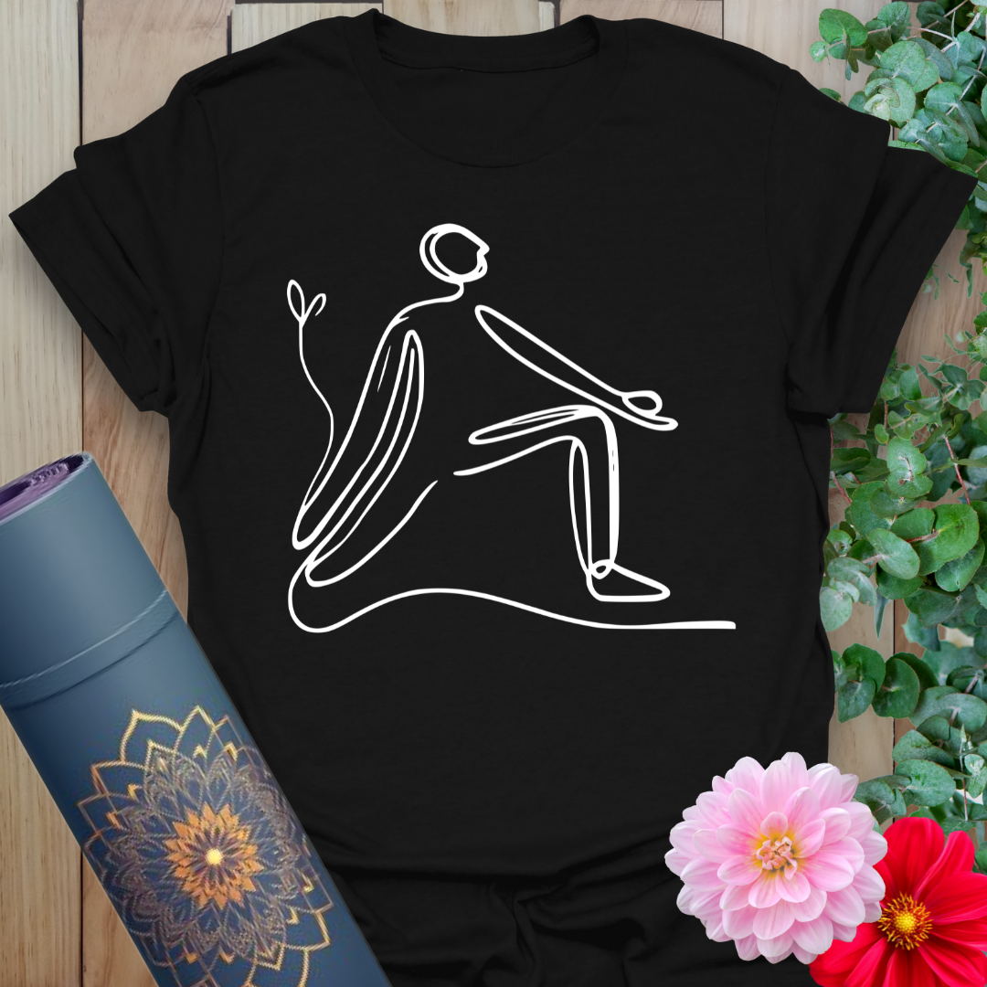 Classic black cotton yoga t-shirt with sleek minimalist yogi in lunge pose, representing strength, flexibility, and mindful energy.