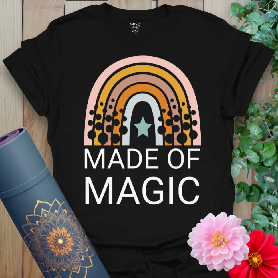 Classic black cotton yoga t-shirt showcasing vibrant rainbow and star design inspiring self-belief, magic, and soulful adventure.