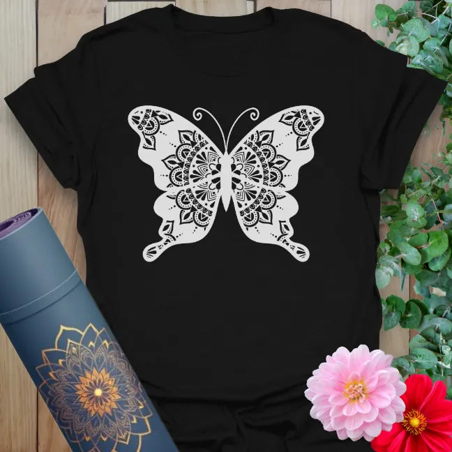 Classic black cotton yoga t-shirt showcasing elegant mandala butterfly design symbolizing personal growth, spiritual evolution, and mindful living.