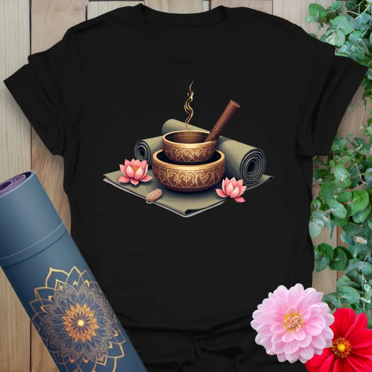 Classic black cotton yoga t-shirt showcasing sacred meditation setup symbolizing soulful harmony, healing, and spiritual connection.
