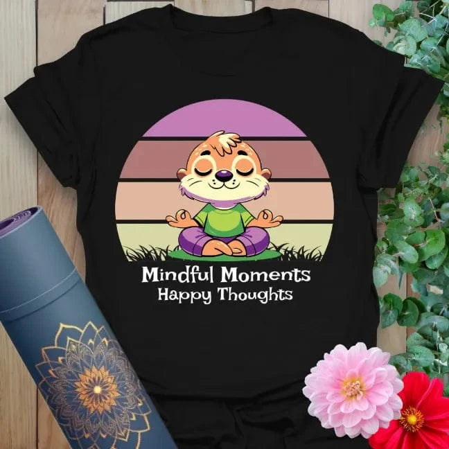 Classic black cotton yoga t-shirt showcasing smiling meditating figure and "Happy Thoughts" message inspiring light-hearted, mindful living.