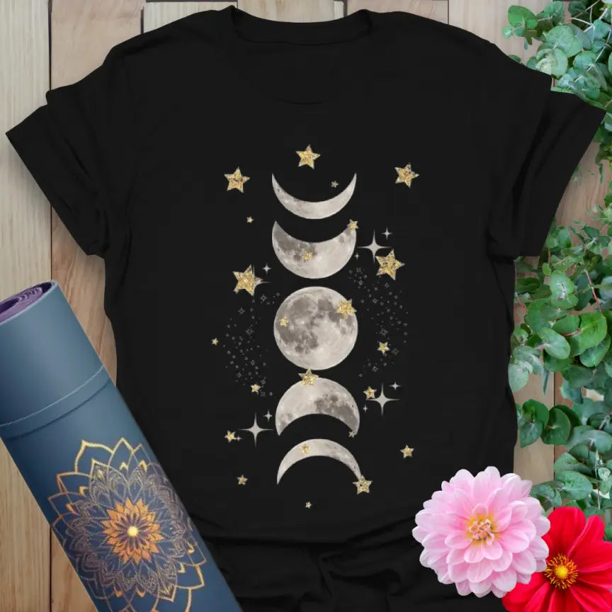 Classic black cotton yoga t-shirt showcasing vertical lunar phase and starry sky design symbolizing spiritual flow and cosmic magic.