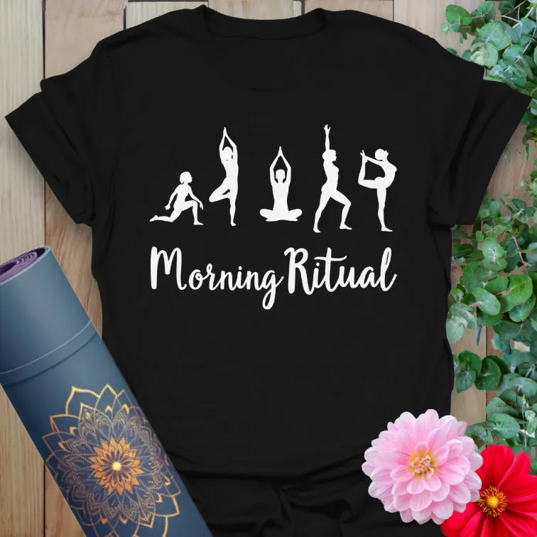 Classic black cotton yoga t-shirt showcasing elegant yoga pose silhouettes and mindful morning message for conscious, active living.
