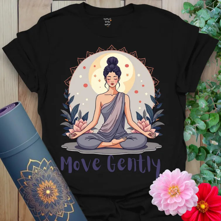 Classic black cotton yoga t-shirt showcasing yogini artwork and mindful living message encouraging kindness, balance, and soulful flow.