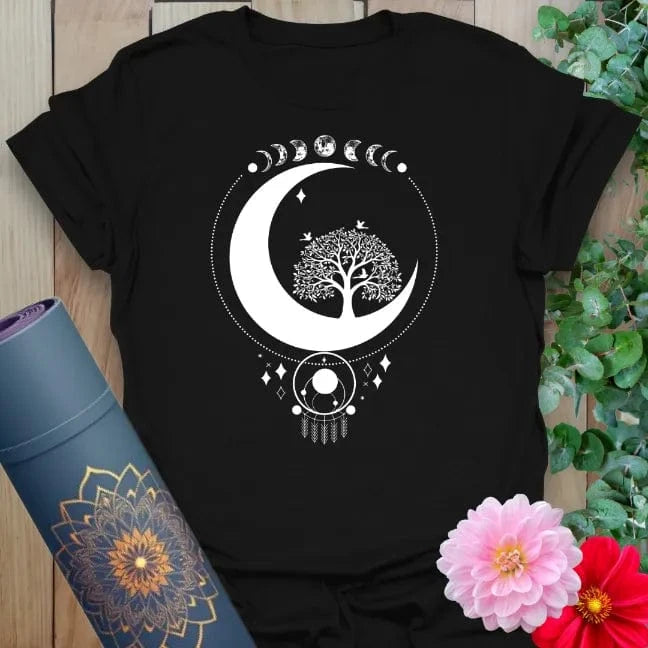 Classic black cotton yoga t-shirt showcasing mystical moon and tree of life artwork symbolizing spiritual awakening and cosmic alignment.