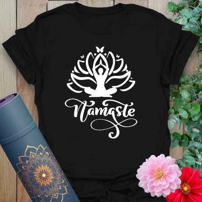Classic black cotton yoga t-shirt showcasing meditative lotus design and Namaste affirmation perfect for mindful movement and heart-led presence.