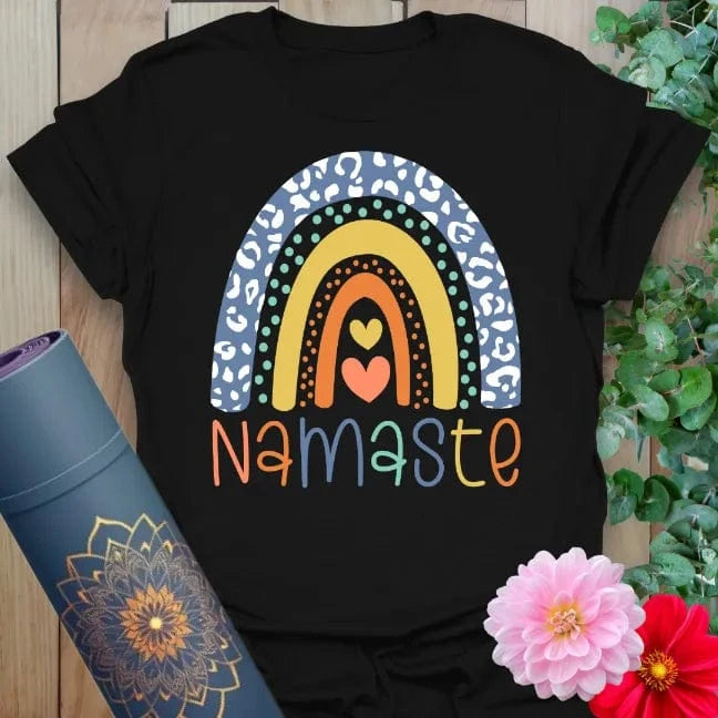 Classic black cotton yoga t-shirt showcasing bright rainbow and Namaste message perfect for spreading mindful, conscious joy.