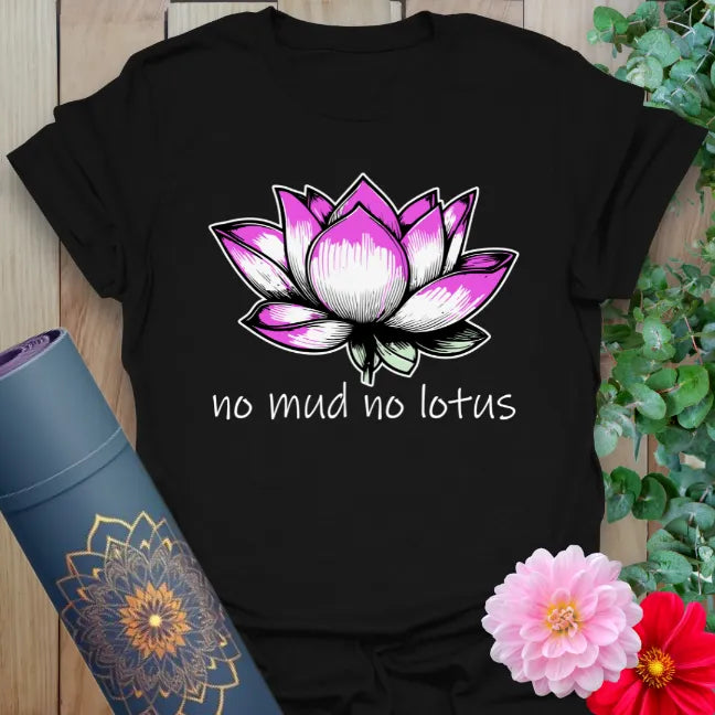 Classic black cotton yoga t-shirt showcasing inspirational blooming lotus design and resilience message for mindful, soulful journeys.