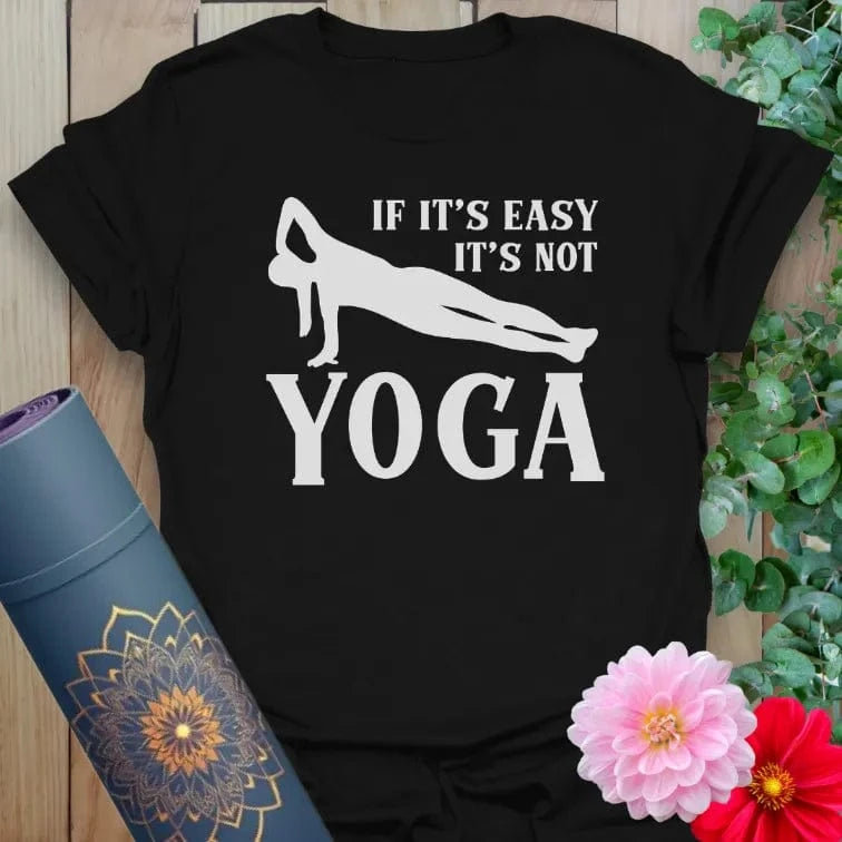 Classic black cotton yoga t-shirt showcasing witty mindful movement quote perfect for soulful warriors and humor-loving yogis.