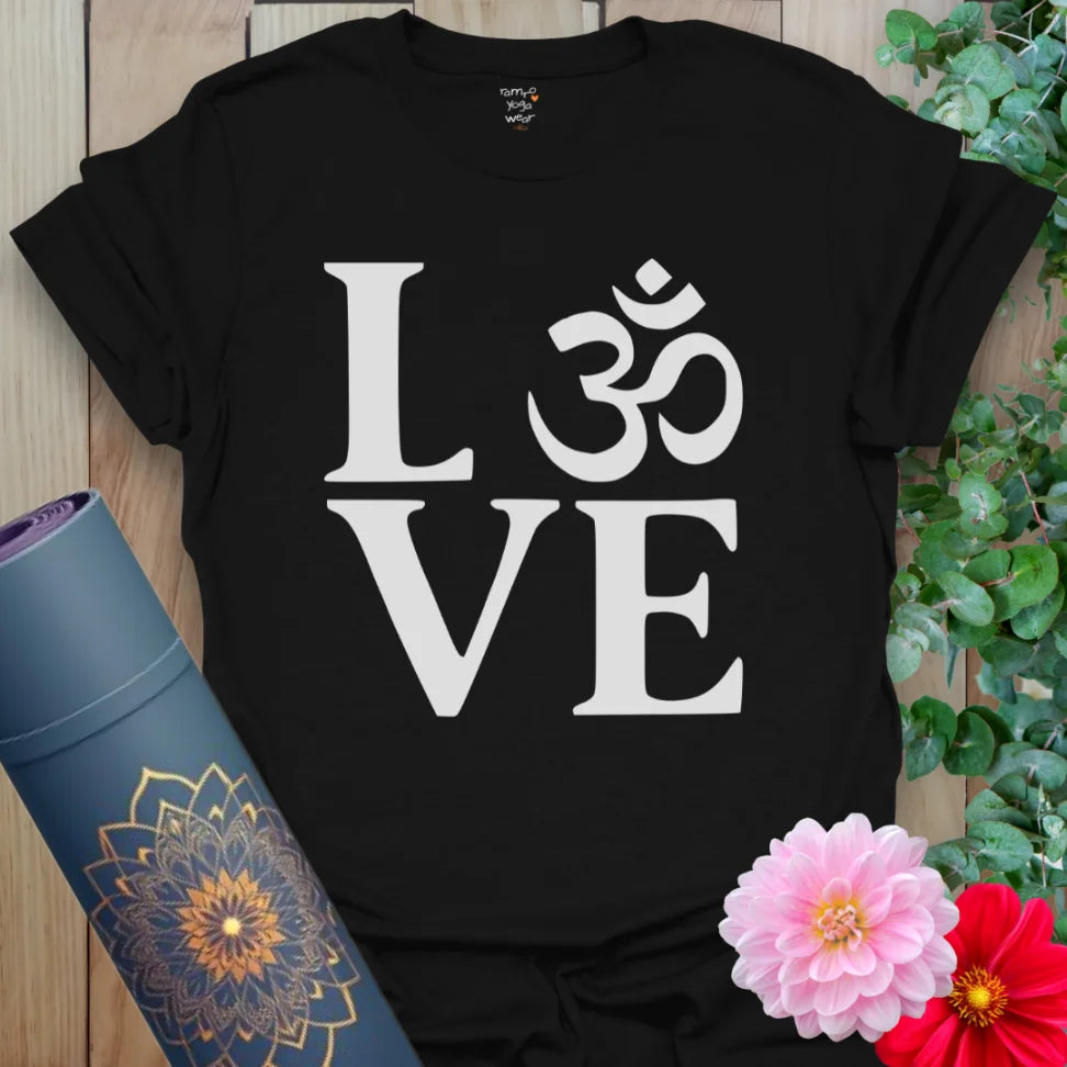 Classic black cotton yoga t-shirt showcasing bold LOVE lettering with Om symbol perfect for soulful living, mindful connection, and conscious movement.
