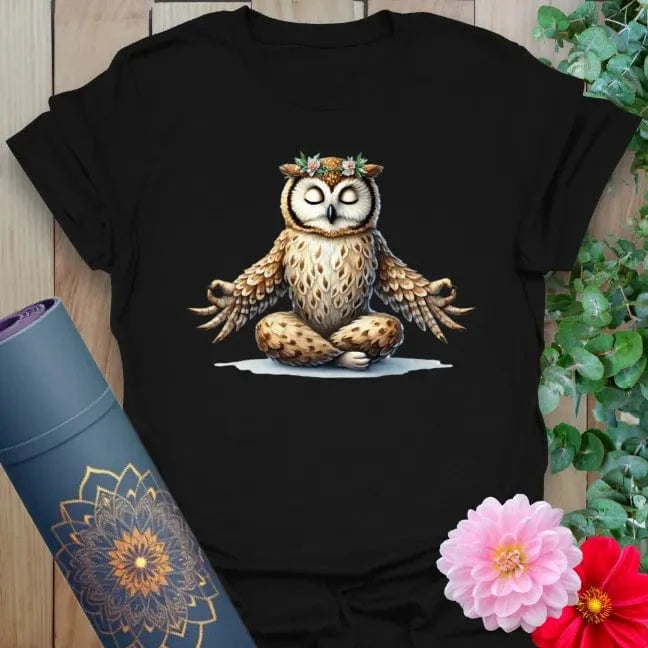 Classic black cotton yoga t-shirt showcasing serene owl artwork inspiring wise, mindful, and playful living.