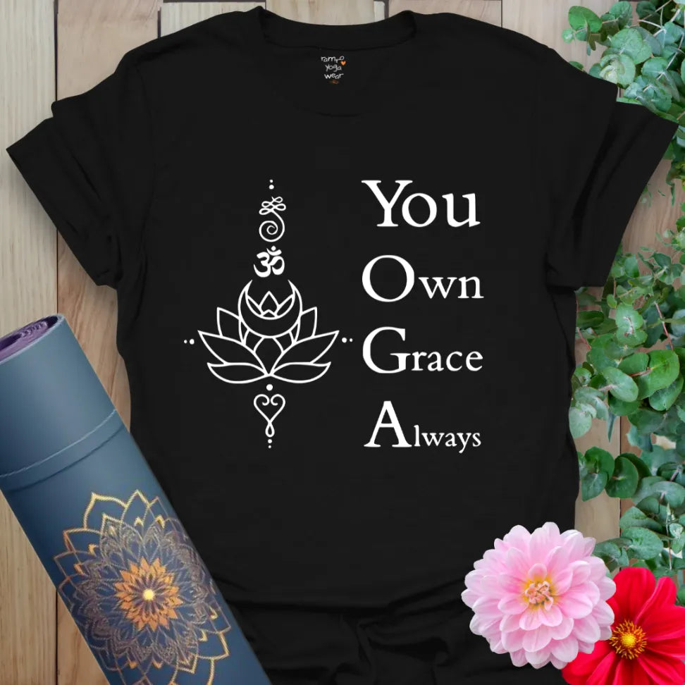 Classic black cotton yoga t-shirt showcasing sacred spiritual design and "You Own Grace Always" affirmation for soulful seekers.