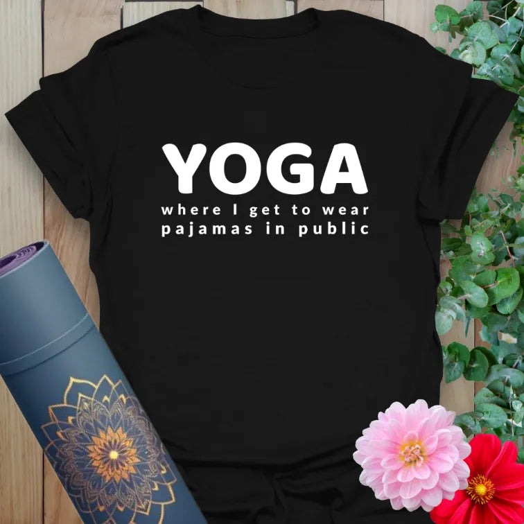 Classic black cotton yoga t-shirt with bold playful quote for yogis embracing comfort, humor, and soulful self-expression.