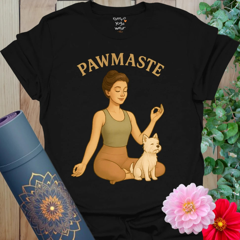Classic black dog yoga t-shirt with vintage yogi and pup artwork, ideal for mindful movement and pet lovers.