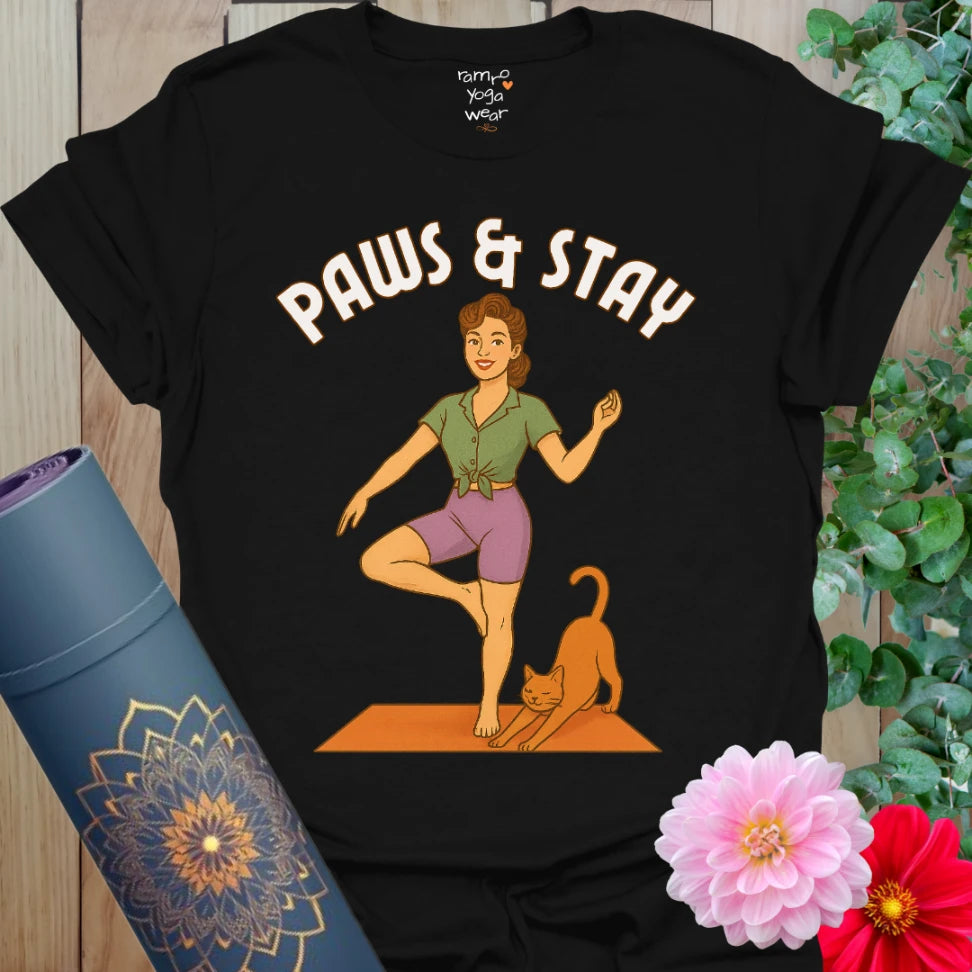 Retro black yoga t-shirt featuring yogi and cat artwork with playful pun for mindful animal lovers.