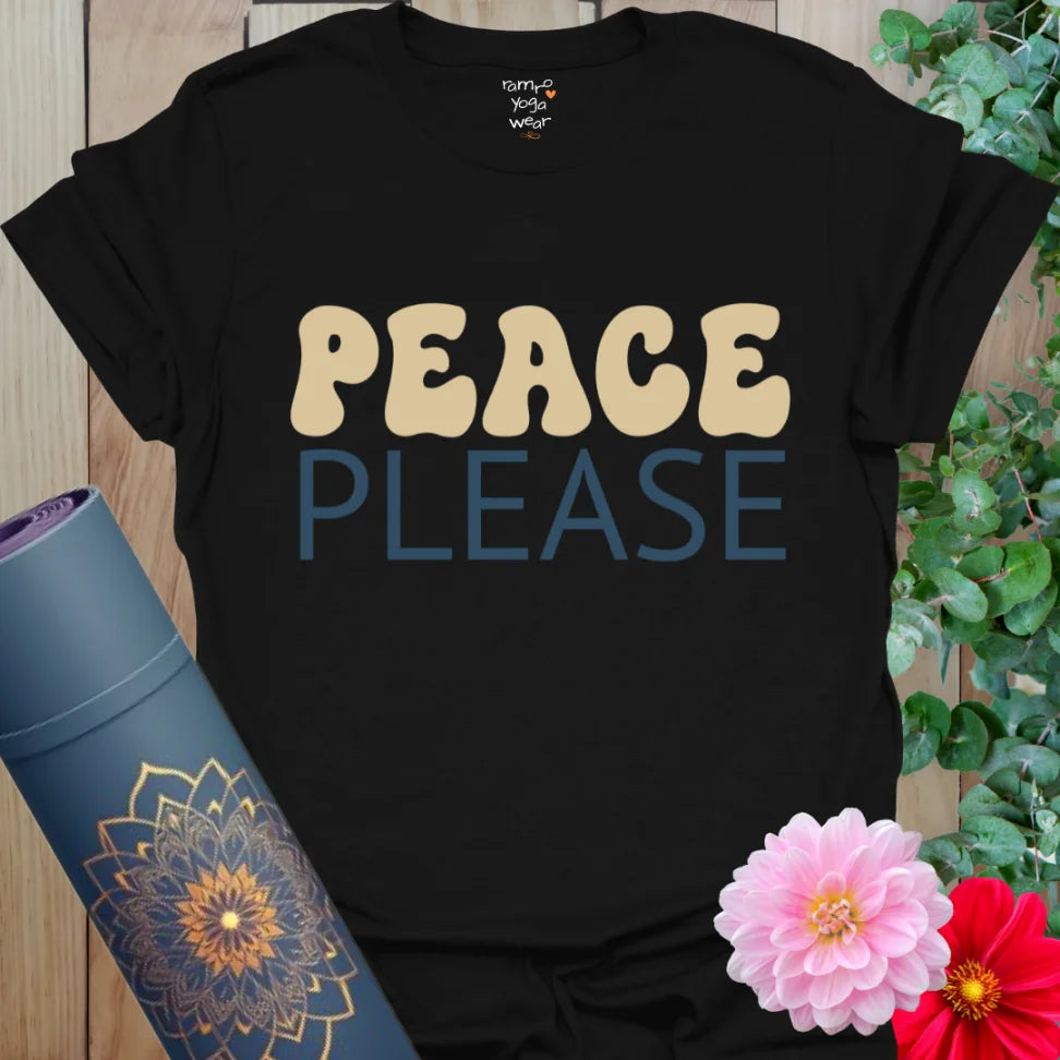 Black Peace Please T-Shirt with retro-style lettering and centered layout. Soft yoga lifestyle tee for calm expression.