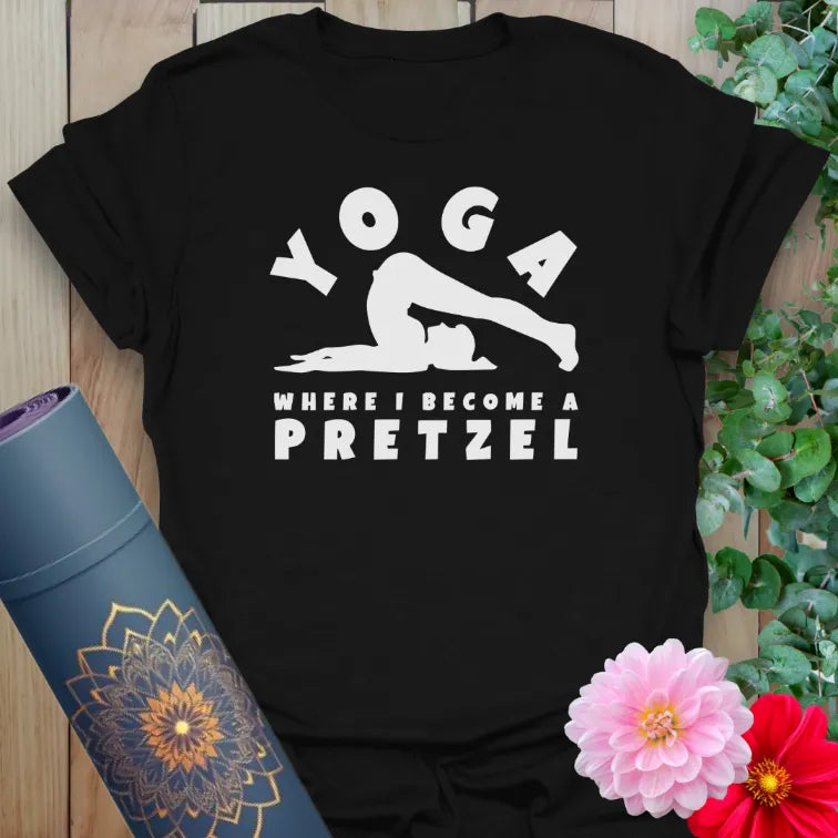 Classic black cotton yoga t-shirt showcasing funny "Pretzel" yoga design inspiring joyful, relaxed mindful movement.