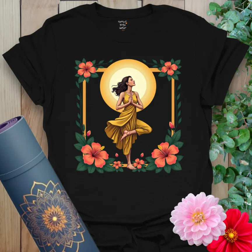Classic black cotton yoga t-shirt showcasing radiant yogi and floral frame artwork for conscious, heart-centered, soulful journeys.