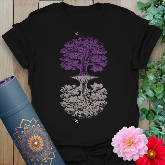 Classic black cotton yoga t-shirt showcasing powerful mirrored tree design for soulful balance, growth, and conscious reflection.
